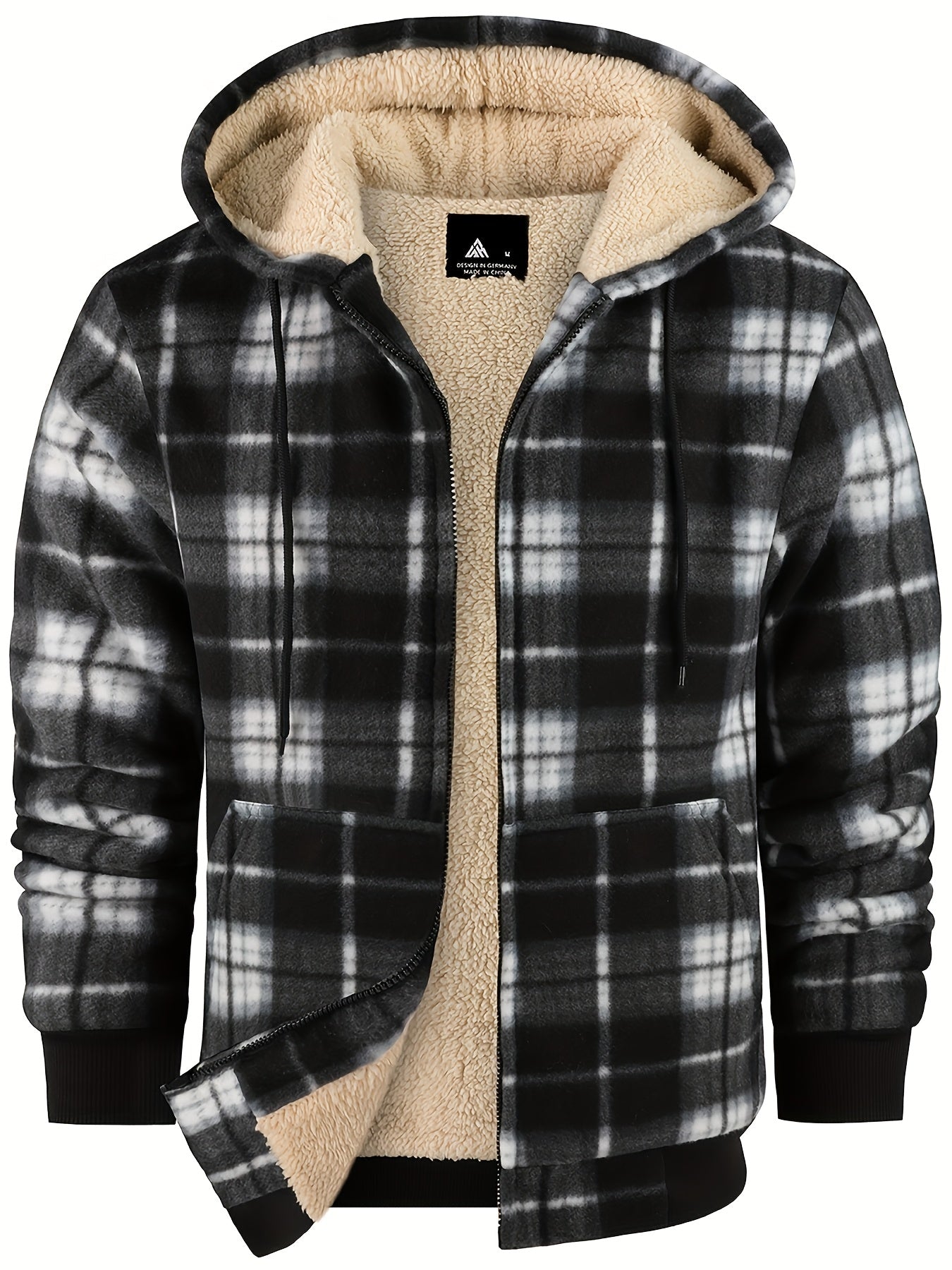 Men's Heavyweight Fleece Hooded Jacket - Full-Zip Sherpa Lining, Thick Winter Coat with Plaid Pattern (Blue/Black/Beige/Brown), Zippered Pockets, Hand Washable, Casual Outerwear for Cold Weather & Everyday Use - Ideal for Ski