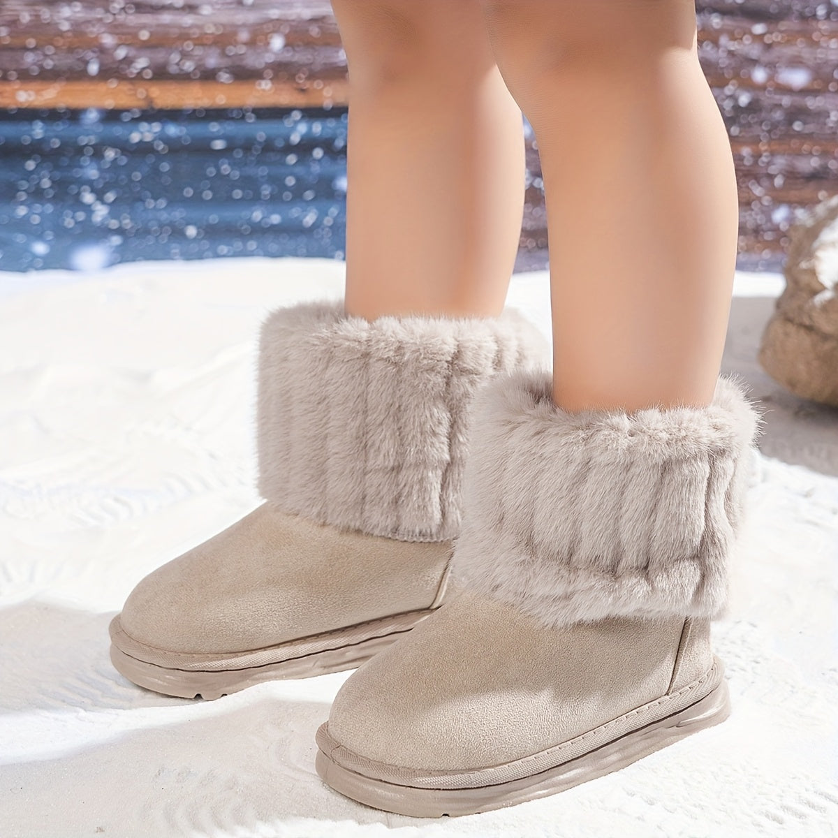 Girls' Winter Warm Slip-Resistant Mid-Calf Boots With Thick Rubber Sole & Plush Collar - Beige Round Toe Snow Boots With Heart Cutouts, Soft Fabric Upper For Outdoor Play, Casual Casual Attire Beige, Pink, Blue, Black - Cozy