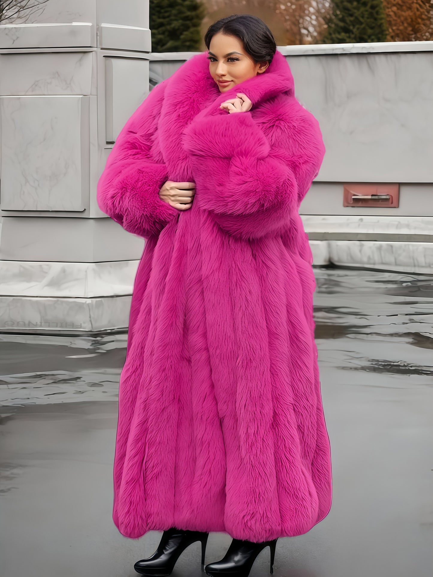 Plus Size - Plus Size Long Faux Rabbit Coat for Women | Stylish and Casual with Elegant Vibe, Non-Stretch Fabric, Lapel Collar, Solid Color, Regular Sleeve, Long Length, Fall/Winter Season