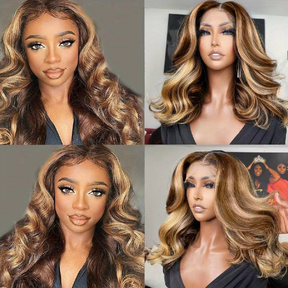 Ombre Honey Blonde 13x4 HD Glueless Lace Front Wig - 12 Inch Short Body Wave Human Hair Wig for, Pre-Plucked with Baby Hair & Bleached Knots, 250% Density, 4/27 Mixed Color, Fashion Accessory
