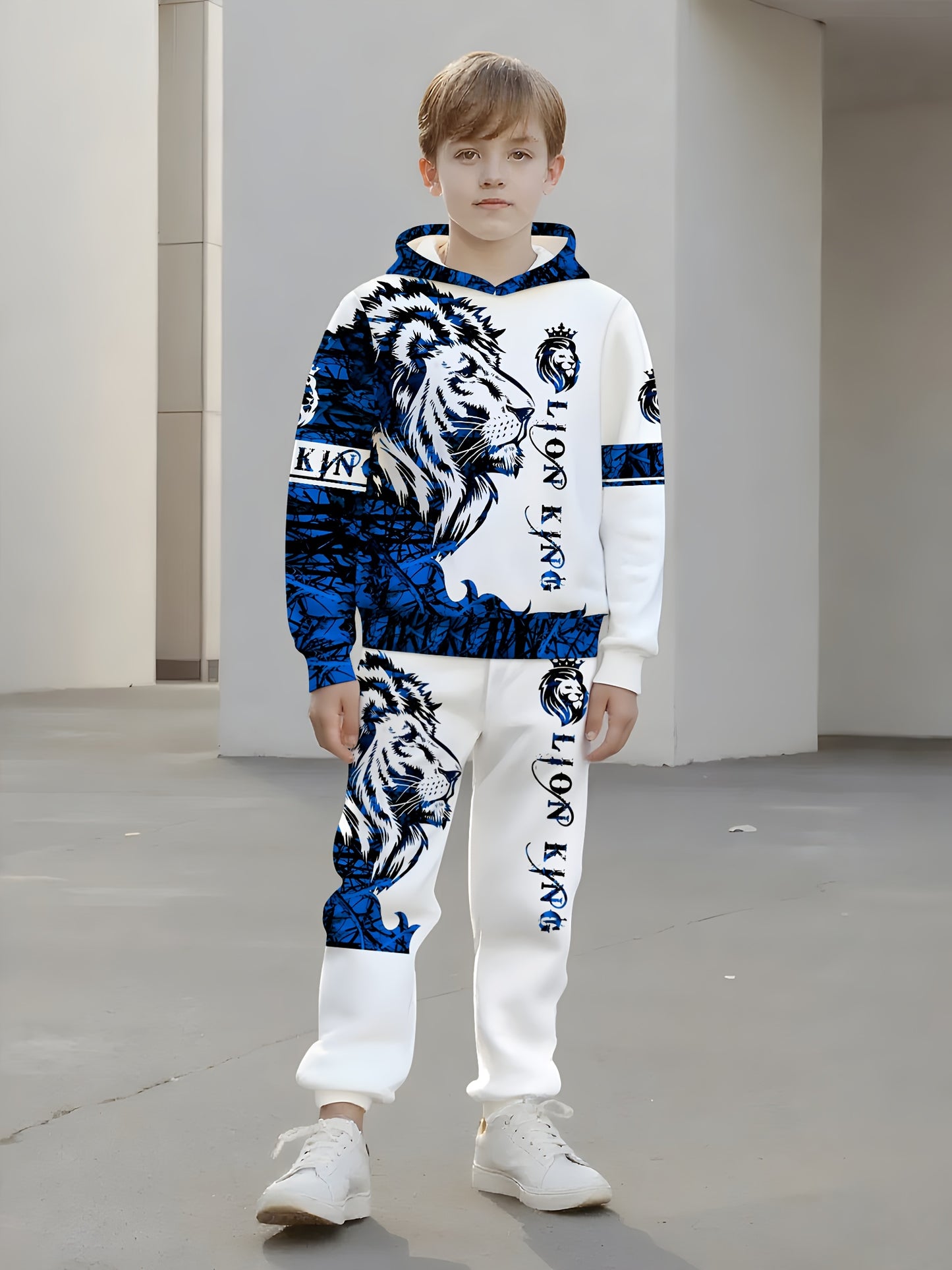 Boys' 3D Lion Print Hooded Tracksuit Set - Casual Sweatshirt & Pants with "Lion King" Design, Medium Stretch, Regular Fit, Perfect for Outdoor Activities, Outdoor Clothing | Casual Style | Medium Stretch Fabric