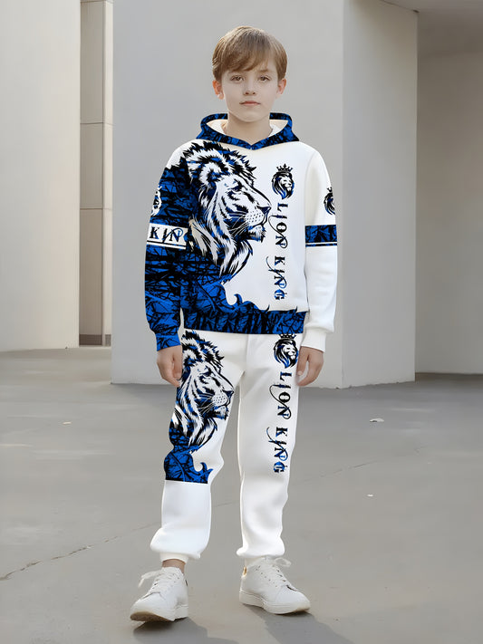 Boys' 3D Lion Print Hooded Tracksuit Set - Casual Sweatshirt & Pants with "Lion King" Design, Medium Stretch, Regular Fit, Perfect for Outdoor Activities, Outdoor Clothing | Casual Style | Medium Stretch Fabric