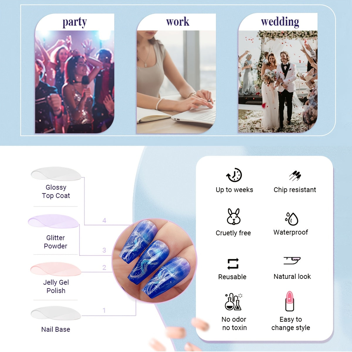 [Glowing Fake Nails] NGMATY 24pcs Gel False Nail Set | Medium Length Blue Jellyfish Coloring Glowing Fake Nails 12 Sizes - Press On Nails