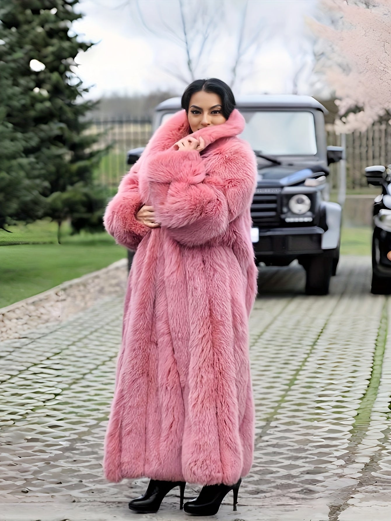 Plus Size - Plus Size Long Faux Rabbit Coat for Women | Stylish and Casual with Elegant Vibe, Non-Stretch Fabric, Lapel Collar, Solid Color, Regular Sleeve, Long Length, Fall/Winter Season