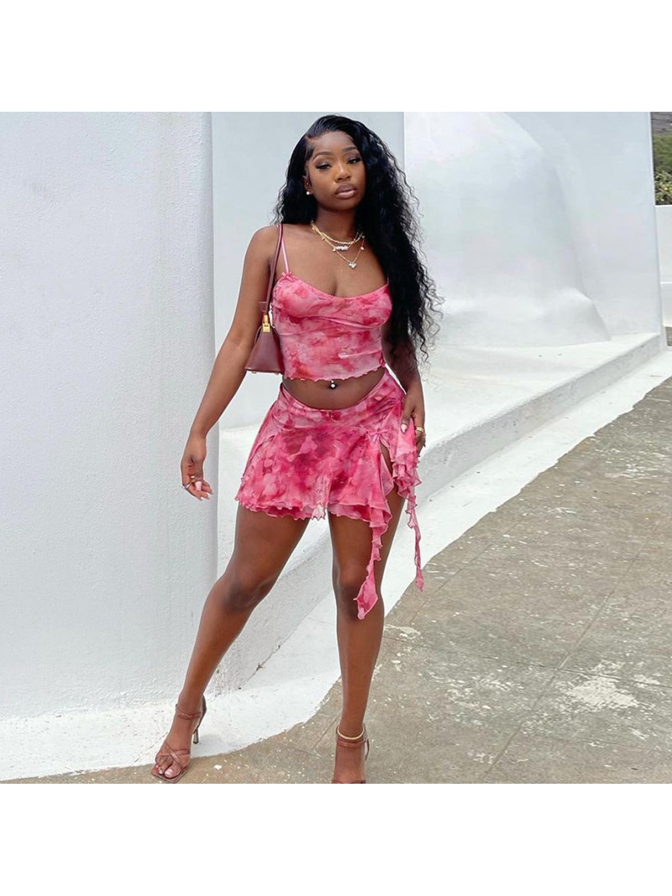 Women'S Stylish Floral Print Mesh Camisole Top & Ruffled Mini Skirt Set - Sexy Sleeveless Crop Top with High-Waisted Skirt, Perfect for Summer Outings, Casual Attire|Floral Print Top|Ruffled Skirt