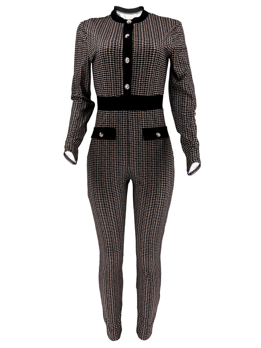 Allover Print Bodycon Jumpsuit, Casual Button Front Long Sleeve Jumpsuit, Women's Clothing