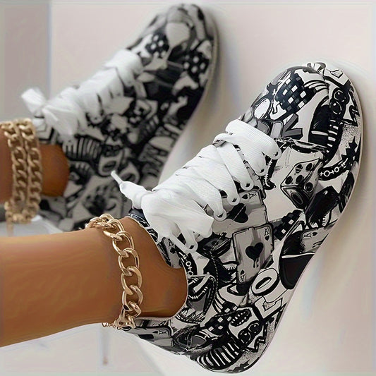 Women'S Breathable Low-Top Lace-Up Sneakers with Thick Rubber Sole- Monochrome Graphic Print Casual Shoes for Petite Women, All-Season Versatile Sneakers with Synthetic Cover Upper, Ladies Sneakers, Everyday Footwear, Modern