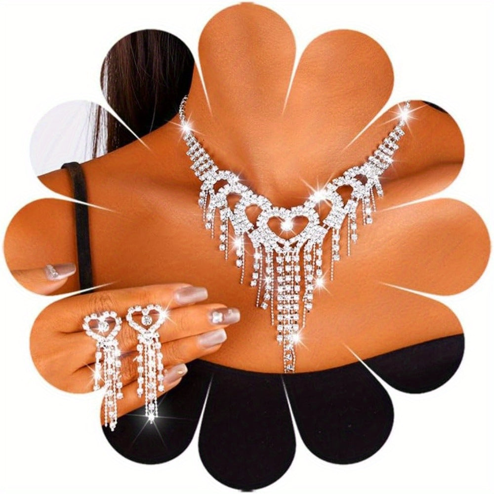 Bride Wedding Necklace Earrings Set Sliver Rhinestone Necklace Love Crystal Necklace Set Bride Bridesmaid Prom Necklace Accessories for Women