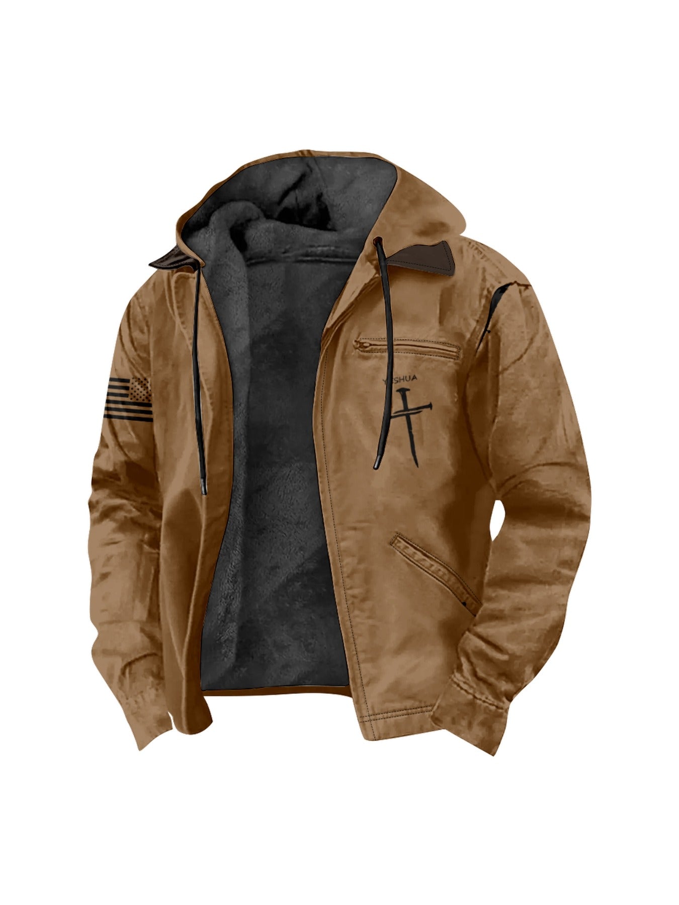 Men'S Heavy-Duty Full-Zip Winter Jacket with Hood & Zippered Pockets - Loose Fit Street Style Coat, Machine Washable, Full-Zip Closure, Brown/Black/Brown - Insulated for Cold Weather, Casual & Formal Occasions, Durable Workwe