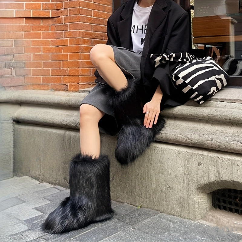 Women's Plush Faux Fur Winter Boots - Furry Mid-Calf (Short) Round Toe Snow Shoes with Sole, Cozy Warm & Soft Inner - White/Black/Coffee Brown//Tortoiseshell - Casual & Party Footwear