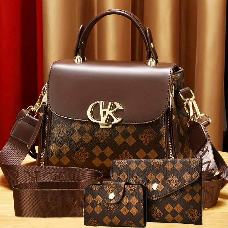 Women'S Handbag Set - Elegant Brown & Golden Tote with Detachable Strap, Zipper Closure, Polyester - Stylish Everyday & Formal Purse for Women, Versatile For Casual & Formal Occasions, Ladies Handbags, Urban Style, Durable Co