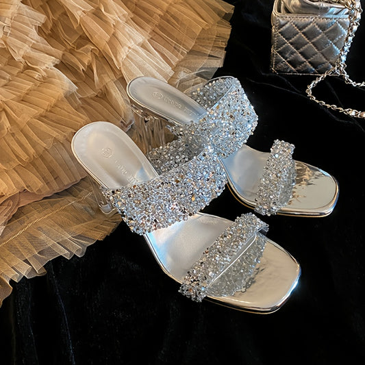 [Glittery Heels] Glittery Rhinestone Block Heel Shoes for Women | 7cm High Heel, Durable Rubber Sole, Comfortable & Stylish for Summer, Sequin Embellished Dress Shoes