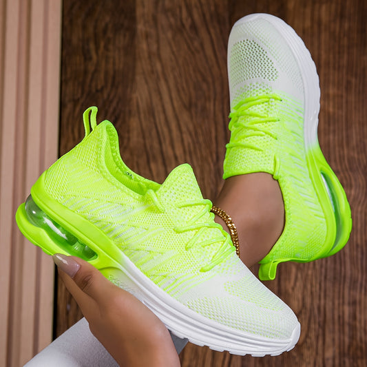 Women's Summer White-to-Green Gradient Breathable Mesh Running Shoes - Lightweight Anti-Slip PU Sole, Airy Knit Upper, Thick Cushioned Comfort for Walking, Travel & Casual Wear | All-Season Lace-Up Sneakers with Shock-Absorbi
