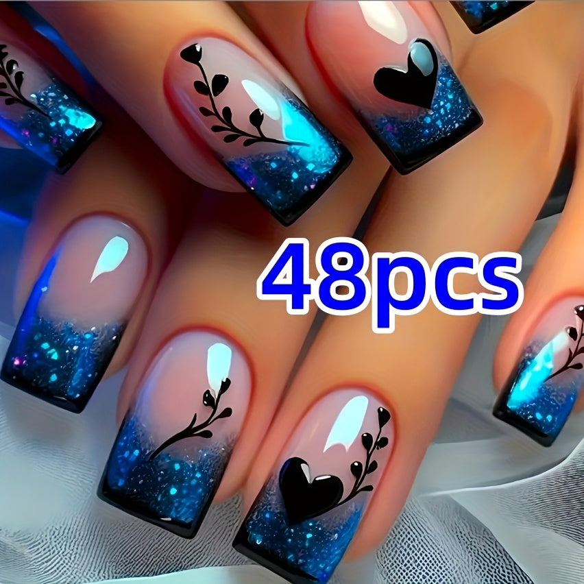 24pcs/48pcs Pink Blue Gradient Wind Pressing Fake Nail Set, Square Type A, with Black Hearts, Branches, And Glitter, Romantic And Fashionable, Including Jelly Glue And Nail Files, Suitable for Daily Use, The First Choice for