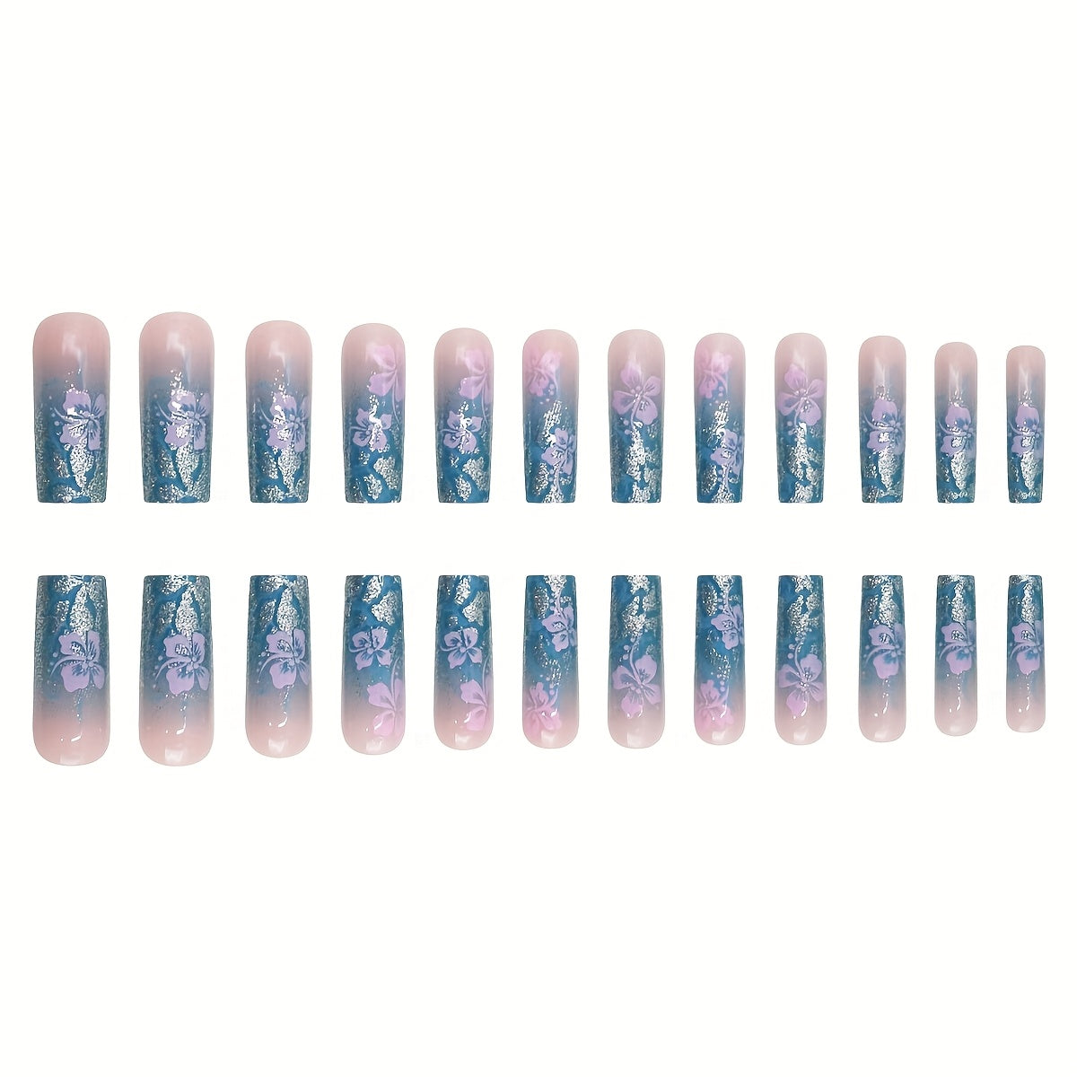 Upgrade Your Style, 24pcs Full Coverage Matte Artificial Nails with Purple Floral Pattern and Silvery Glitter Design for a Simple yet Elegant Look, Suitable for Daily Wear Nail Art