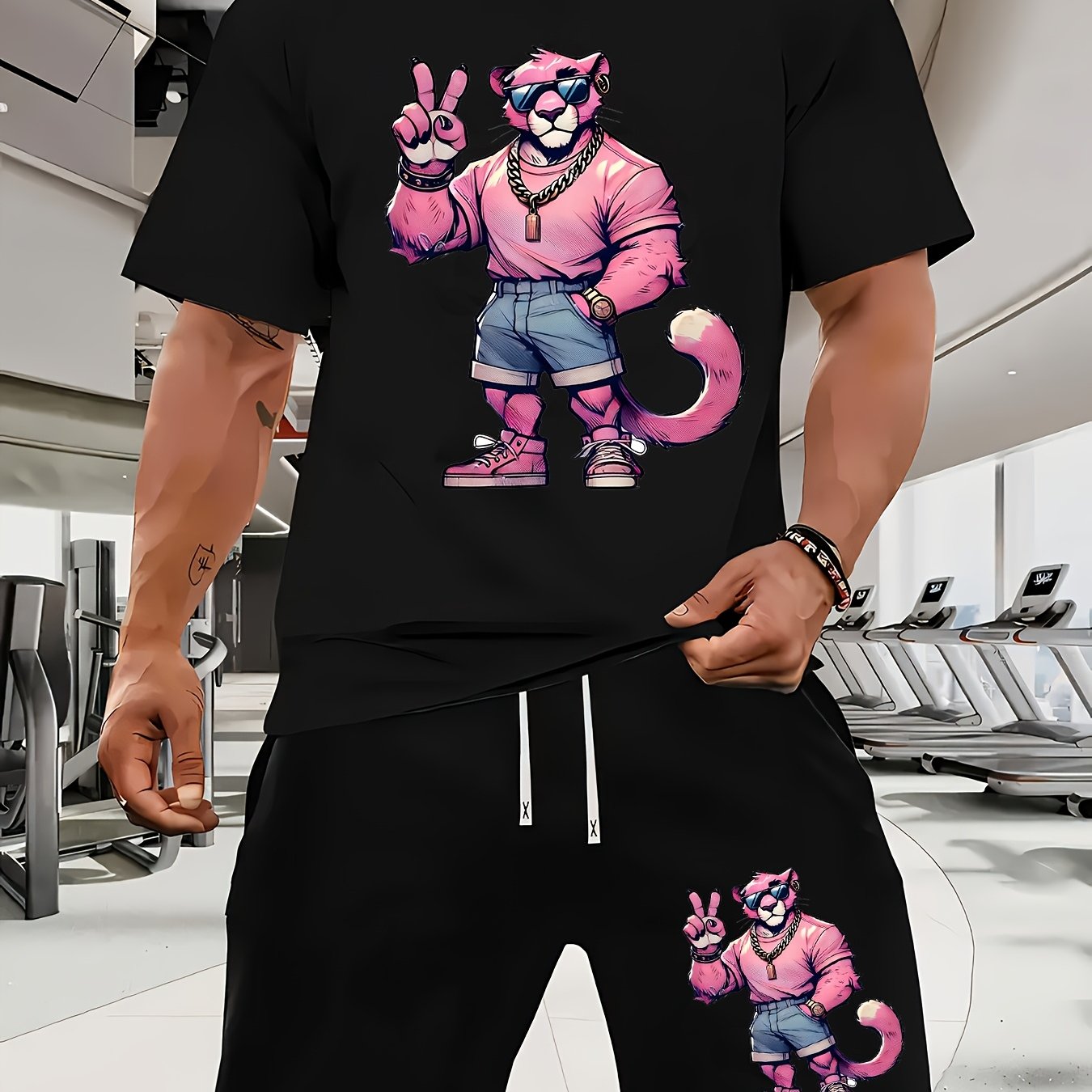 A Casual Sports Set Consisting of a Short-Sleeve T-Shirt Featuring a Stylish Pink Panther Cartoon Print And Fitted Shorts, Perfect for Spring And Summer Outfits.