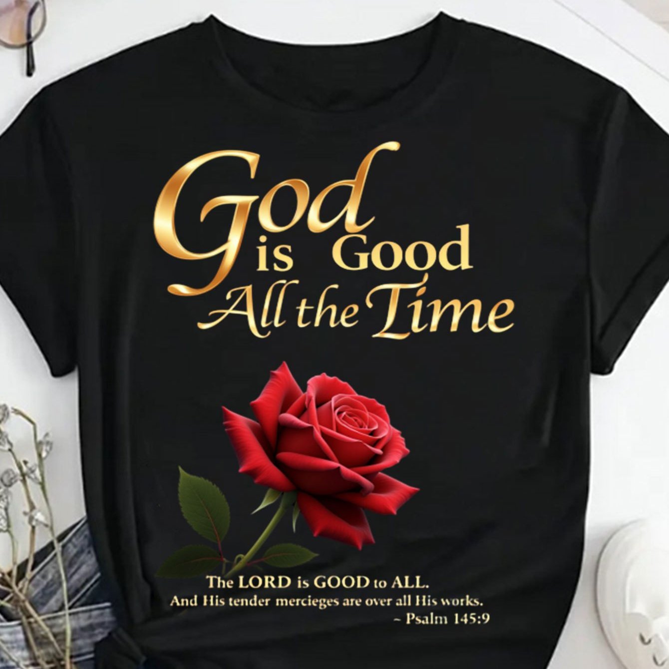 Plus Size Women's 100% Cotton Christian Faith T-Shirt - "God is Good All The Time" Black Tee with Red Rose & Psalm 145:9 Design, Casual Round Neck Short Sleeve Top for Mother's Day, Juneteenth, Spring/Summer (0XL-4XL), Everyd