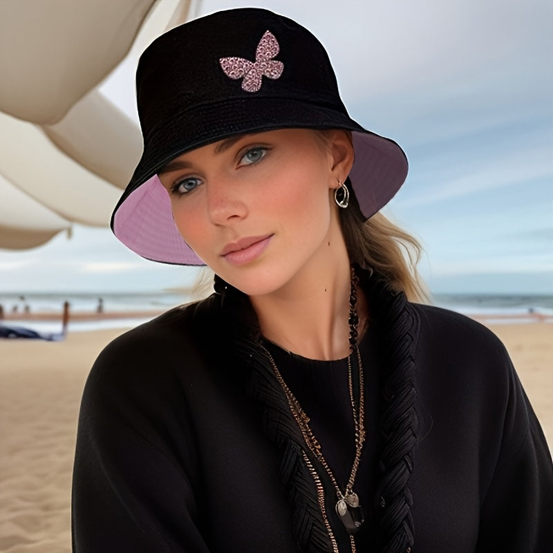 A Stylish And Versatile Bucket Hat Adorned with Rhinestone Butterflies, Lightweight And Washable - Perfect for Outdoor Female Travel, Everyday Wear, And Street Style