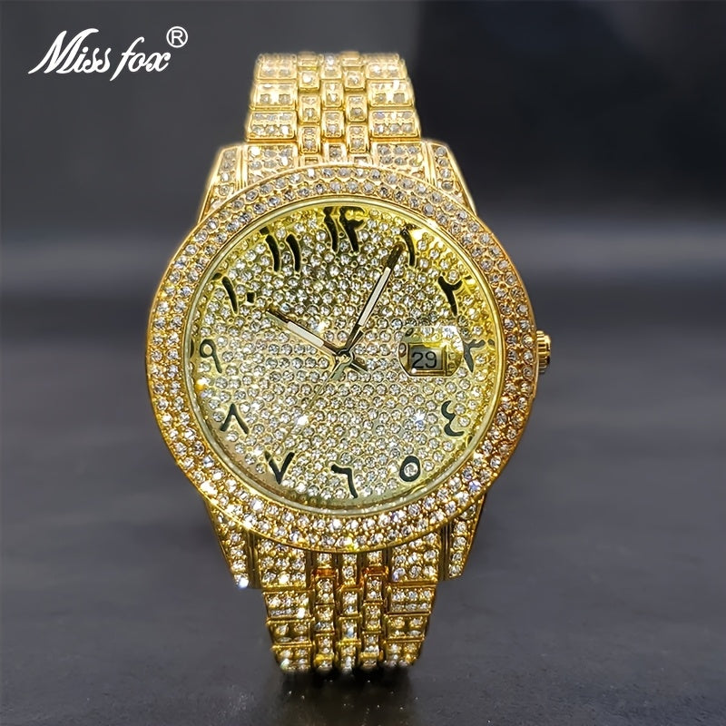 Men's Luxury Hip-Hop Watch with Sparkling Rhinestones, Quartz Movement & Date Calendar - Golden-Tone Metal -Accented Band, Battery-Powered for Parties, Dates, Valentine's Day Gifts, Hip Hop Jewelry, Date Night Watch, Rhinesto