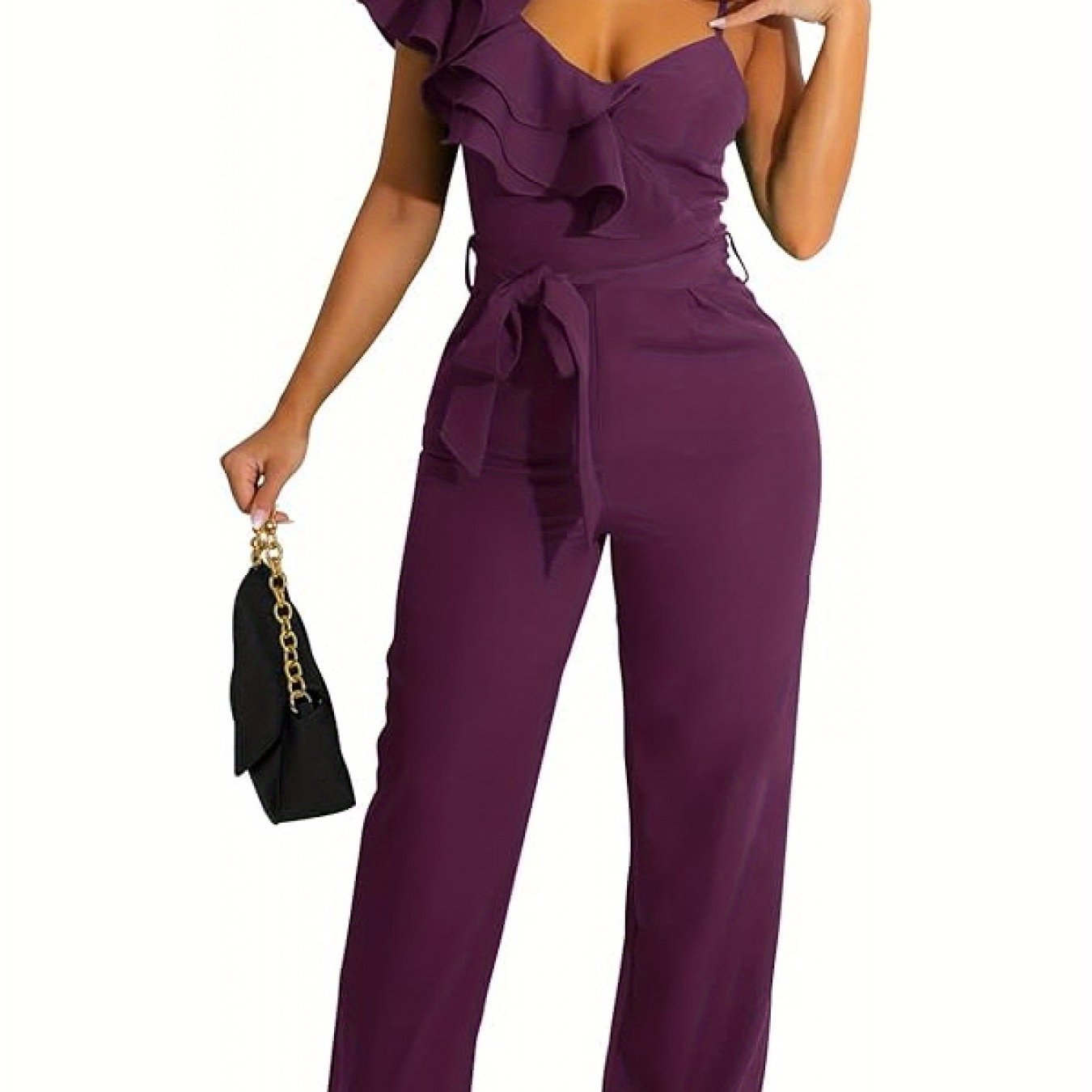 Women'S Casual Jumpsuit V Neck Sleeveless One Shoulder Ruffle Halter Backless Drawstring Wide Leg Pants Sexy Bodysuit Party Club Costume