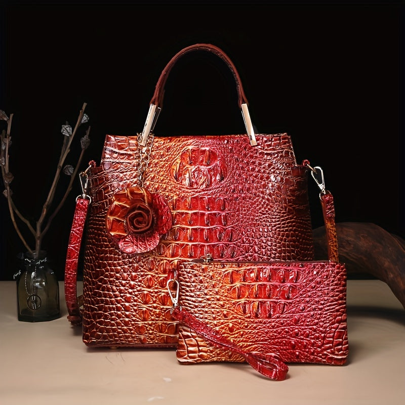 2pcs Crocodile Print Handbag Set - Fashionable Vintage Style, Multi-Functional Top Handle Crossbody, Business Clutch & Coin Purse - Spacious, Secure, Ideal for Everyday Chic