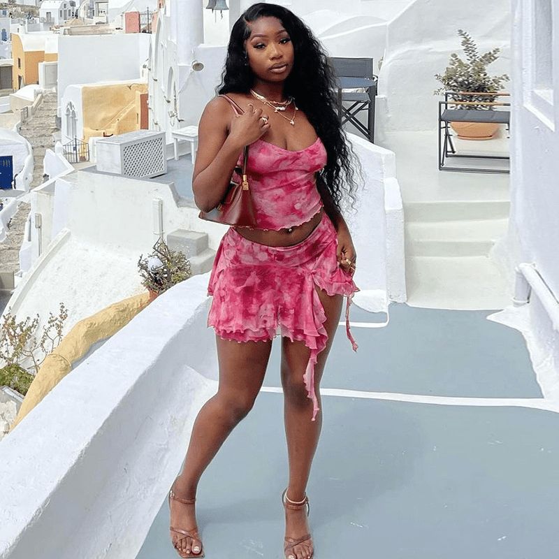 Women'S Stylish Floral Print Mesh Camisole Top & Ruffled Mini Skirt Set - Sexy Sleeveless Crop Top with High-Waisted Skirt, Perfect for Summer Outings, Casual Attire|Floral Print Top|Ruffled Skirt