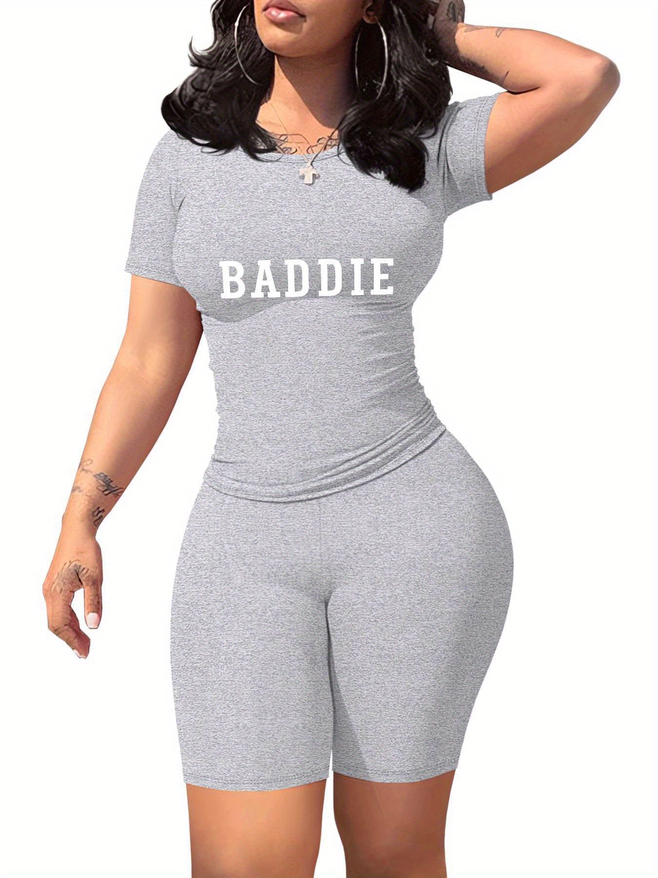 Baddie Women'S SlimFit TShirt and Shorts Set, Premium Baddie Lettering Print, Durable Baddie Graphic Design, Casual Baddie Style Fashion with Soft Fabric, Comfortable and LongLasting Baddie Trend., Allseason Apparel, Trendy O