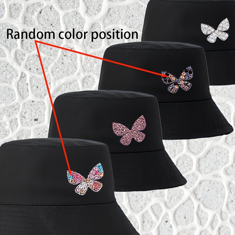 A Stylish And Versatile Bucket Hat Adorned with Rhinestone Butterflies, Lightweight And Washable - Perfect for Outdoor Female Travel, Everyday Wear, And Street Style