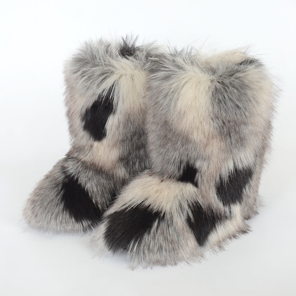 Women's Y2K Style Winter Snow Boots with Multi-Tone Faux Fur - Thick Platform Sole Warm Round Toe Slip-On Footwear, Rubber Outsole for Ice & Snow, Luxury Plush Boots for Cold Weather (Cozy Casual)