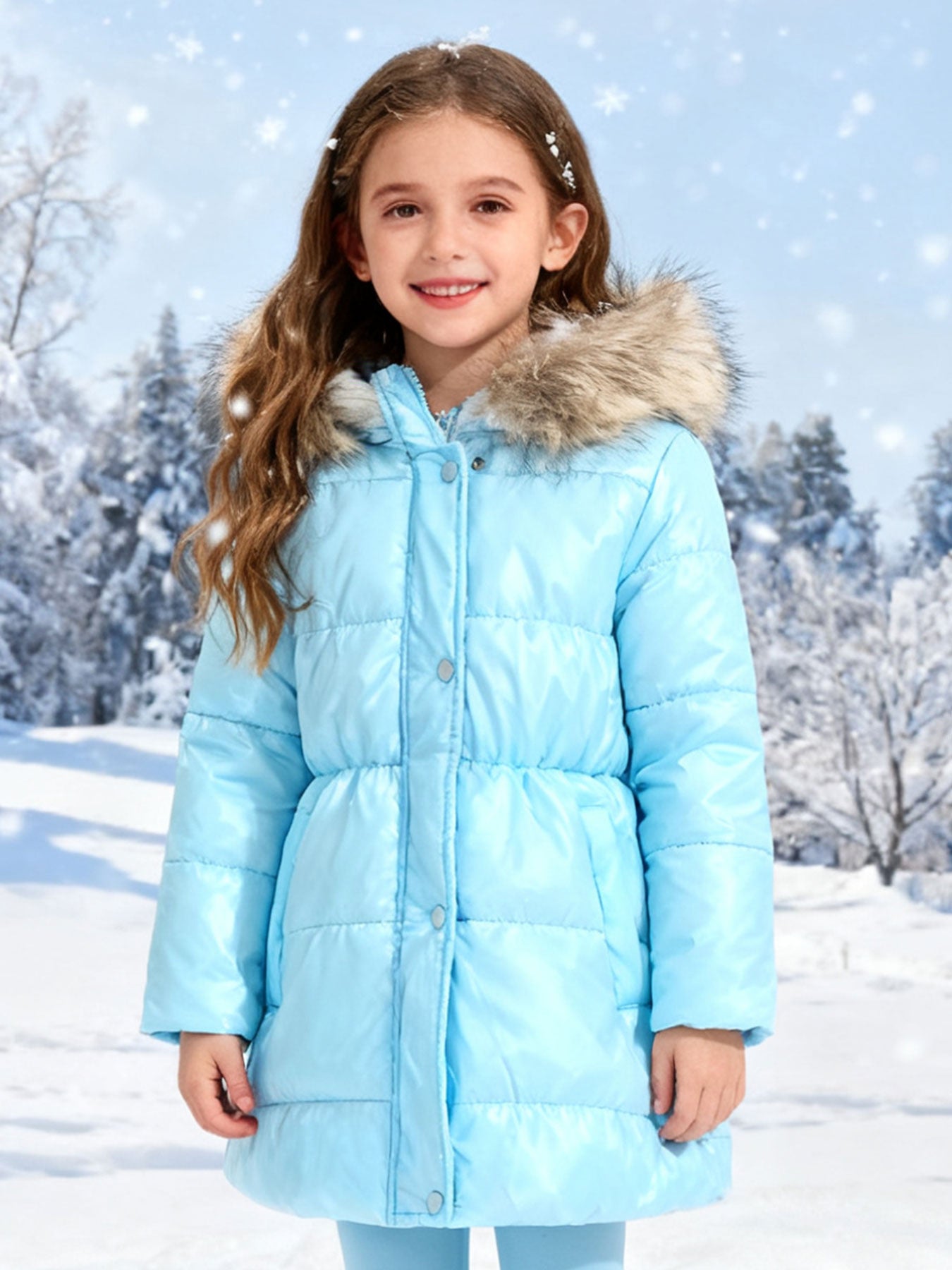 Girls' Multicolor Thickened Hooded Jacket | Mid-Length, Autumn & Winter Warm Windproof Outerwear, Suitable for Outdoor Camping and Daily Casual Style, with Pockets and Lining.