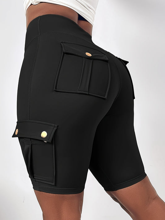 Women's High-Waisted Tummy Control Butt-Lifting Shorts with Flap Pockets - Breathable Summer & Casual Bermuda Cargo Shorts, Machine Washable Solid Black, High Waisted Shorts