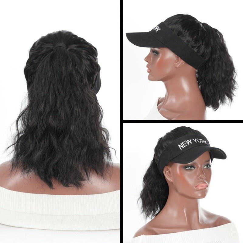 [Adjustable Baseball Cap] 1pc Adjustable Black Baseball Cap - Women's Synthetic Hair Visor Hat with Detachable Ponytail for Outdoor Sports and Fashion