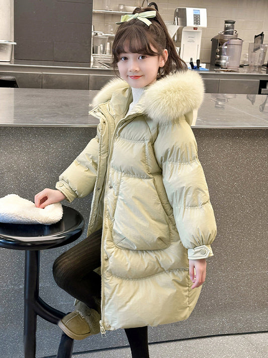 Girls' Winter Warm Jacket with Hooded Faux Fur Collar & Large Pockets - Zipper Closure Cold-Resistant Outer Coat Suitable for Outdoor,, Playdates - Solid Color Winter Clothing Gift for Teen Girls (Hand Washable)