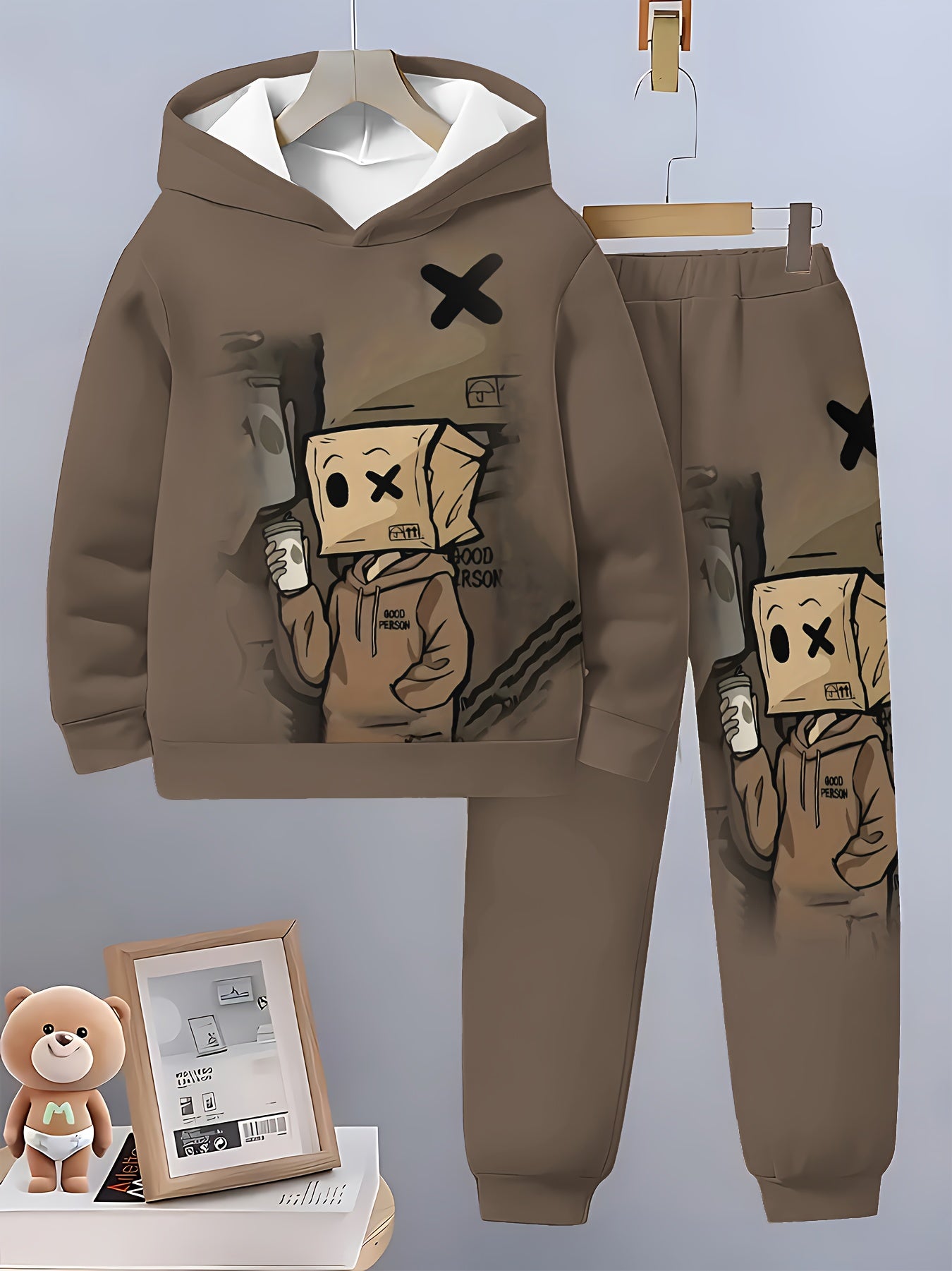 [3D Print Boys' Set] 3D Print Boys' Hoodie & Sweatpants Set - Brown Casual Sportswear with "Good Boy" Graphic, Long Sleeve Pullover & Joggers, Regular Fit, Fall/Winter Outdoor Outfit