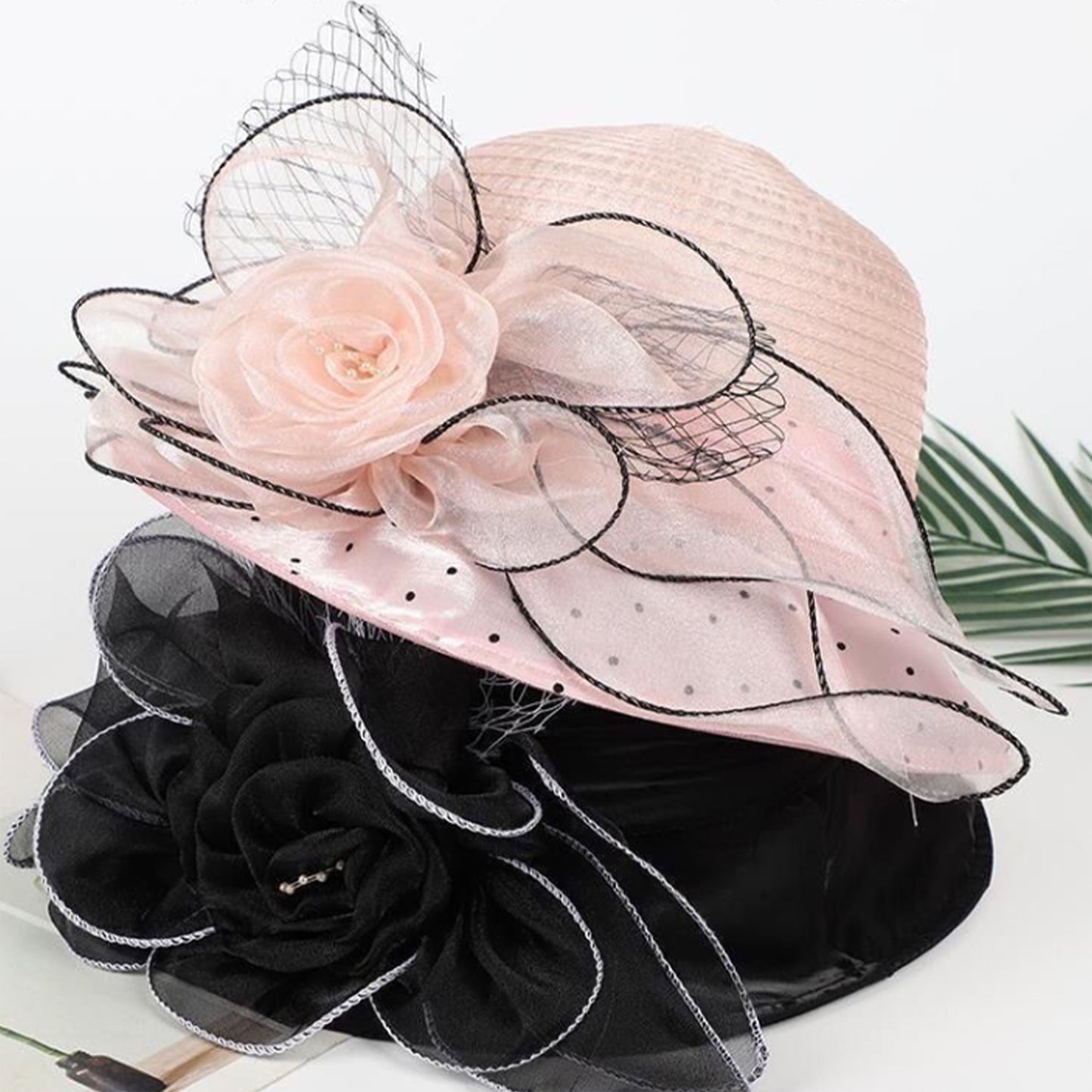 Women's Breathable Organza Sun Hat - Wide Brim Bucket Cap with 3D Floral Accents, Elegant Church & Party Hat for Outdoor Weddings, Garden Events, Machine Washable, Ladies Sun Hat, Delicate Openweave Fabric, Bridal Accessories
