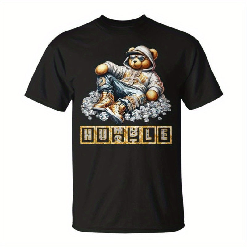 Men's Humble Rapper Teddy Bear Graphic T-Shirt - Soft, Breathable Cotton Crew Neck Tee with "Hustle" Design, Black Casual Summer Wear, Regular Fit, Lightweight & Durable for Everyday Use, Breathable Tshirt | Humorous Tee | Du