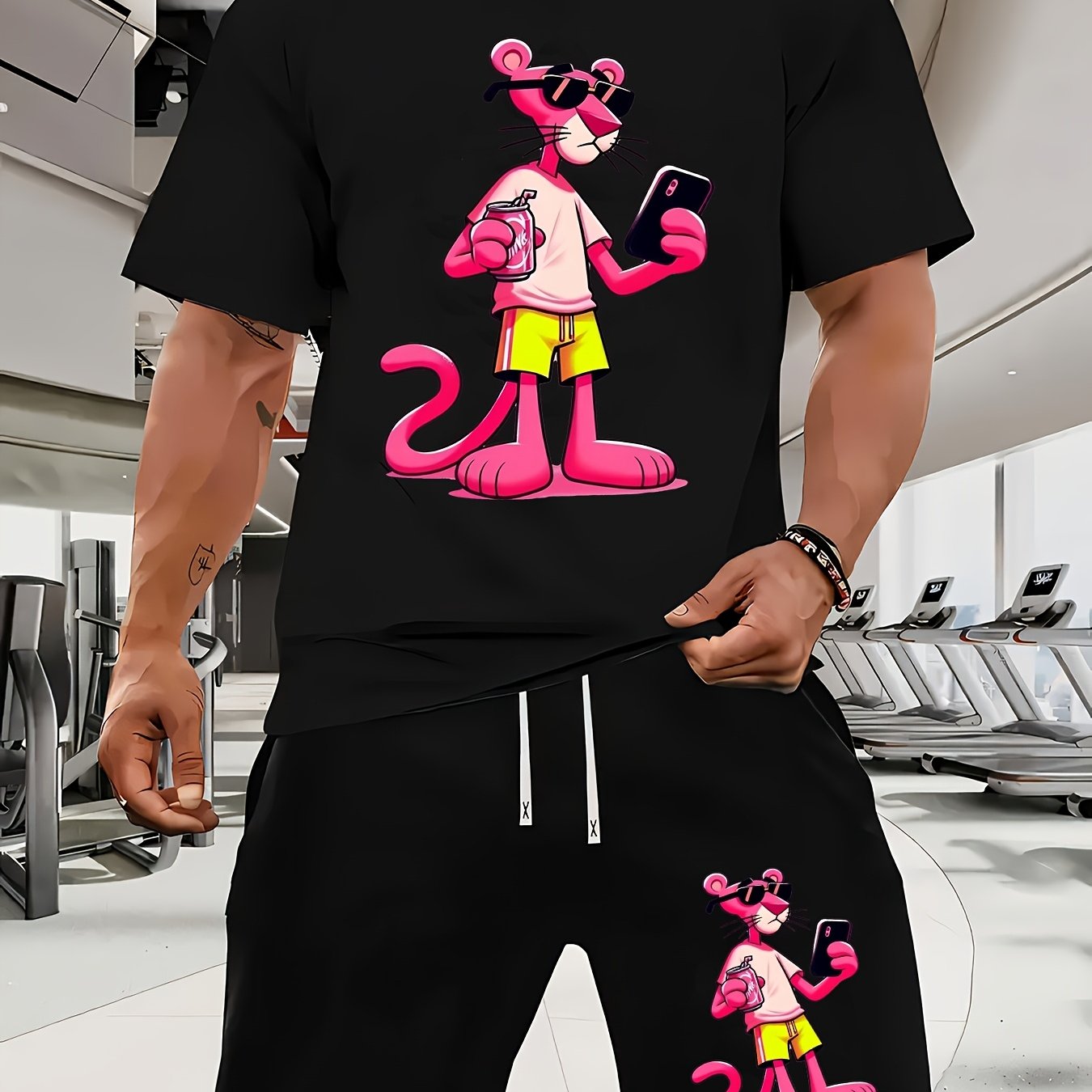 Men'S Short-Sleeved T-Shirt And Waist-Tightening Shorts Set with Trendy Pink Leopard Image Print, Casual Sports Regular Top And Pants Suit, Suitable for Spring And Summer Matching