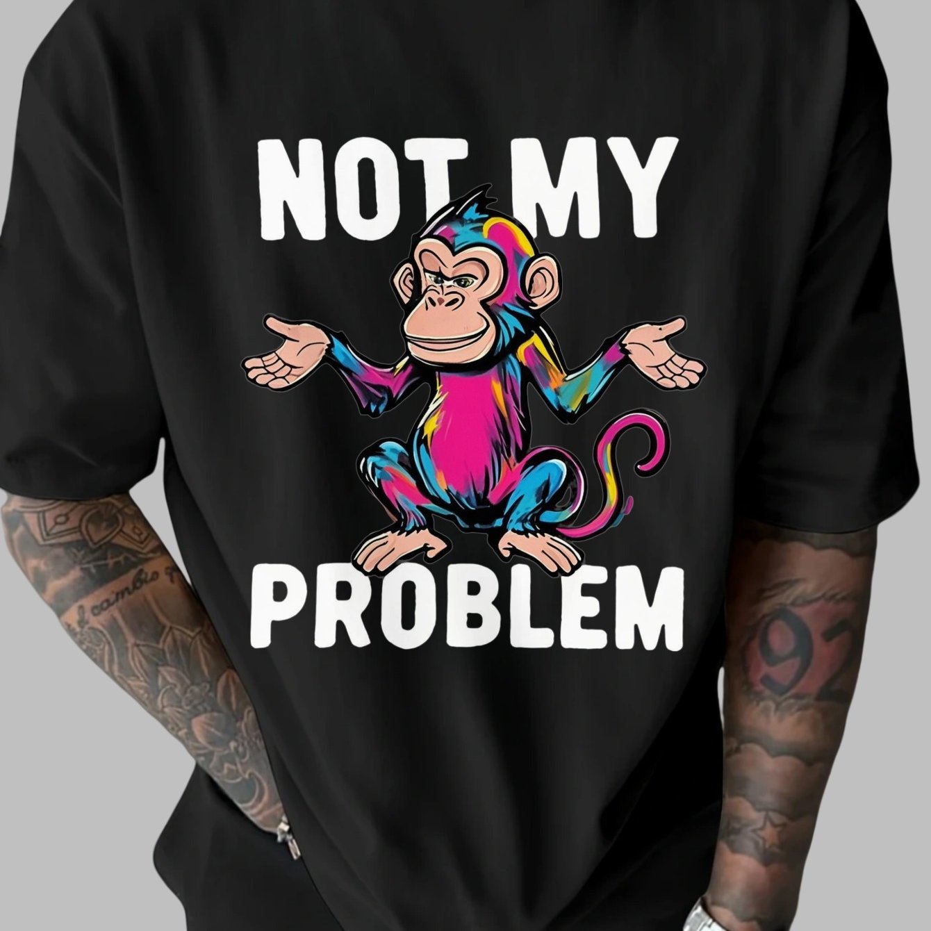 Colorful Monkey "Not My Problem" Graphic T-Shirt - Funny Casual Men'S Tee with Cartoon Monkey Design | Street Style Fashion | Soft Cotton Fabric | Regular Fit Short Sleeve Shirt for Casual Attire, Casual Summer Wear | Playful
