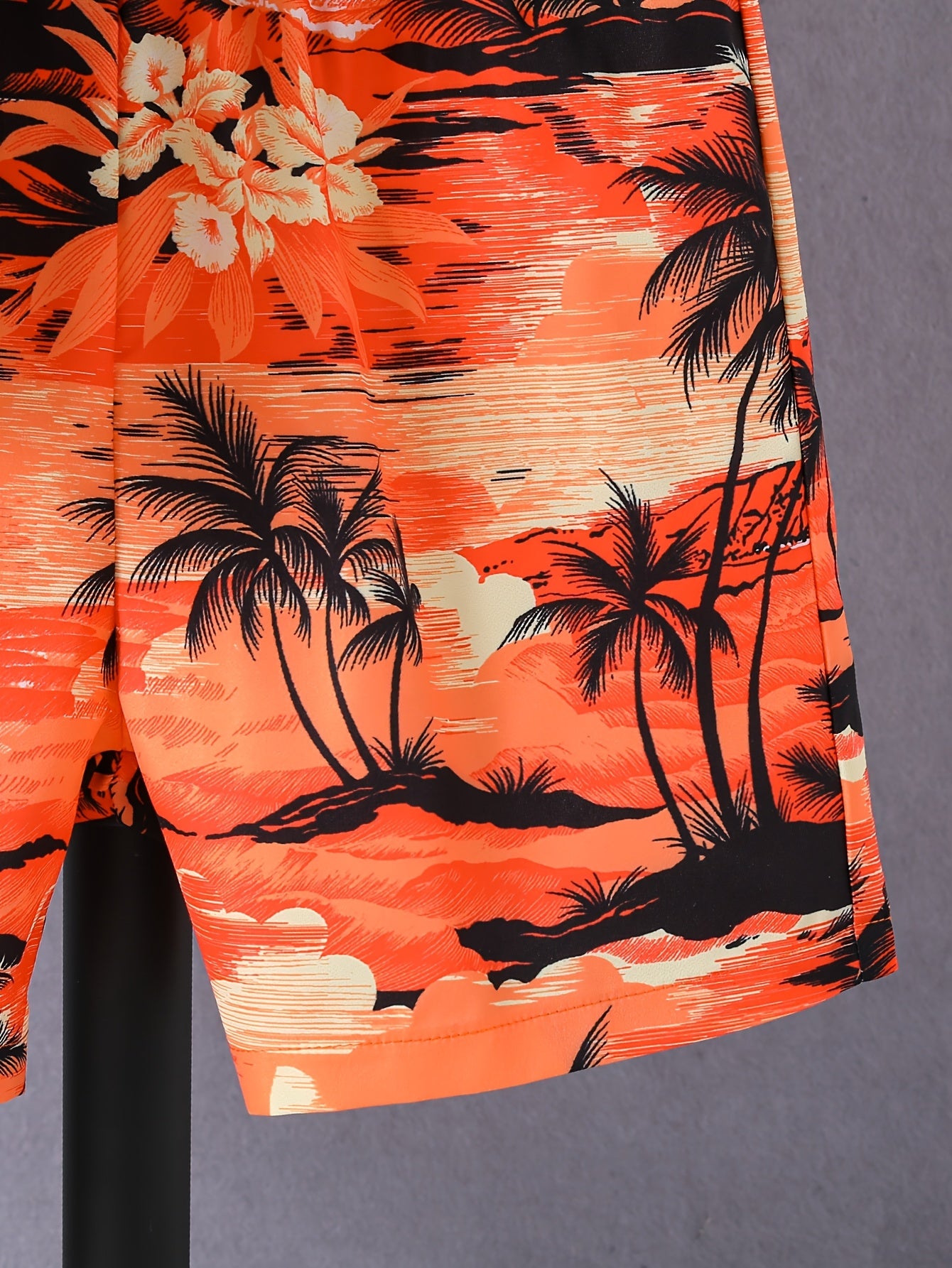2-Pack (Set) Boys Sunset Coconut Tree Pattern Print Short Sleeve Lapel Shirt And Shorts Set, Comfortable Summer Boys Daily And Outdoor Wear, for Outdoor