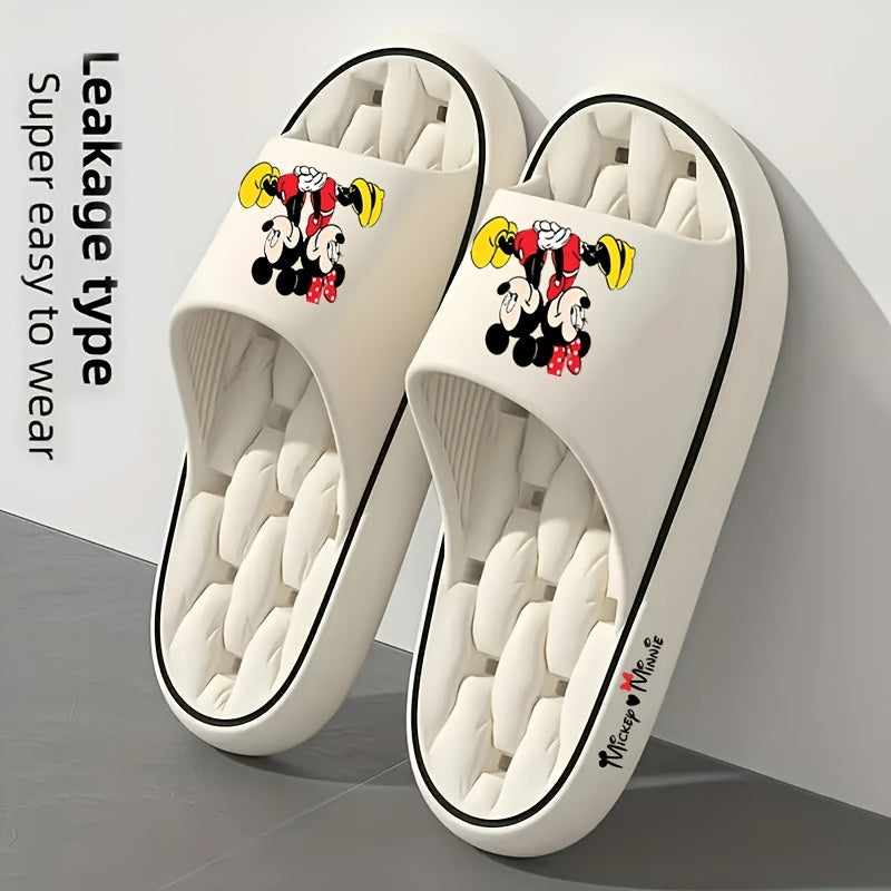 1 Pair Disney Mickey & Minnie Sitting Back-to-Back Cartoon Slip-On Slippers - Soft EVA Breathable Open-Toe Unisex Indoor/Outdoor House Shoes with Anti-Slip Sole, Cute Character Design for Women & Men (Beige/Black), All-Season