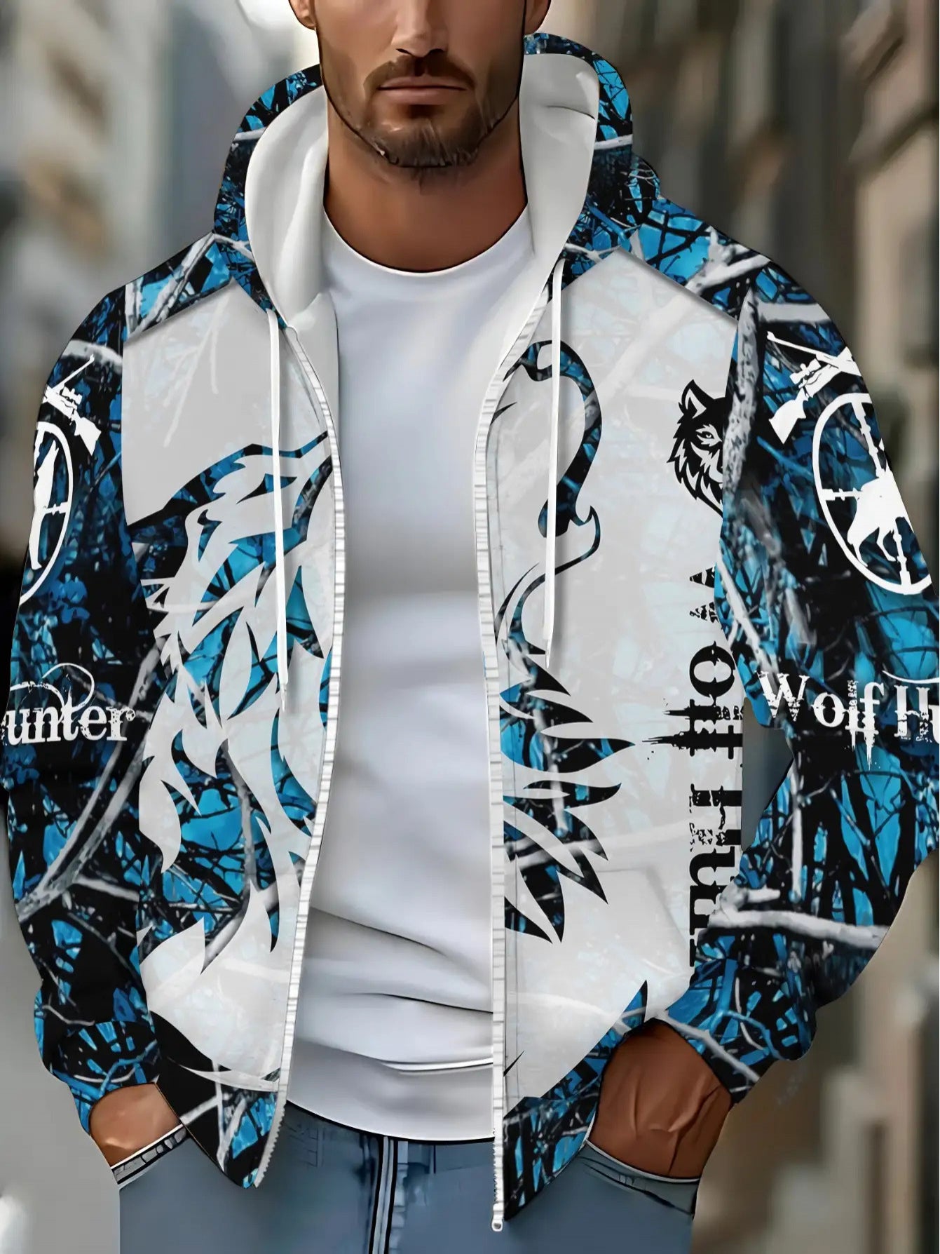 Men's Wolf Print Full-Zip Hoodie Jacket - Turquoise Blue/Black/White Winter Warm Coat with Wolf Logo, Loose Fit Casual Outdoor Sportswear, Machine Washable Full-Zipper Hooded Sweatshirt for Autumn & Cold Weather, PLUS SIZE