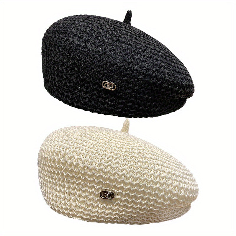 2pcs Women's Breathable Beret Hats - Spring & Summer Knitted Painter Caps, Casual Chic, Lightweight Fabric, Fashion Accessory in Black, Beige, and Brown