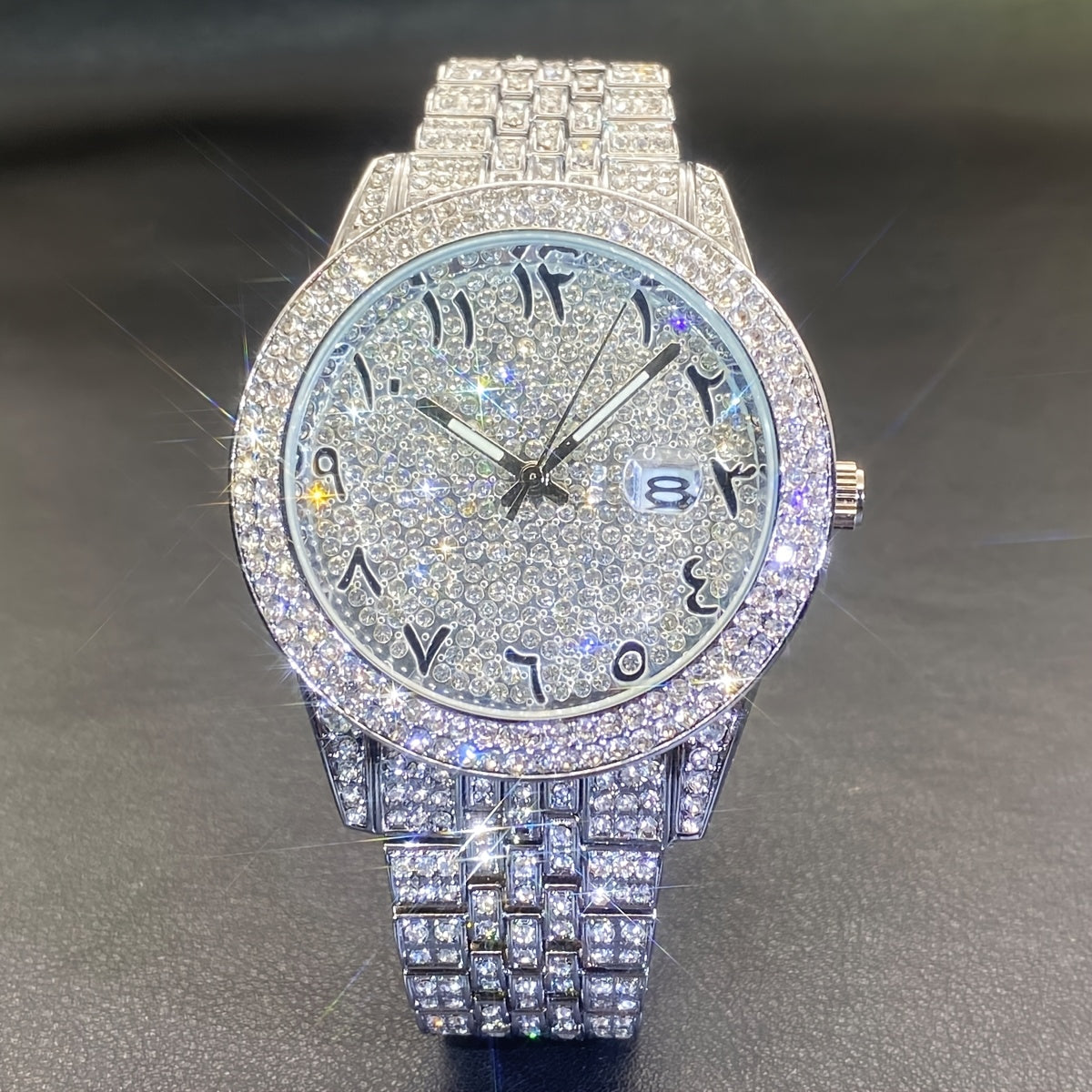 Men's Luxury Hip-Hop Watch with Sparkling Rhinestones, Quartz Movement & Date Calendar - Golden-Tone Metal -Accented Band, Battery-Powered for Parties, Dates, Valentine's Day Gifts, Hip Hop Jewelry, Date Night Watch, Rhinesto