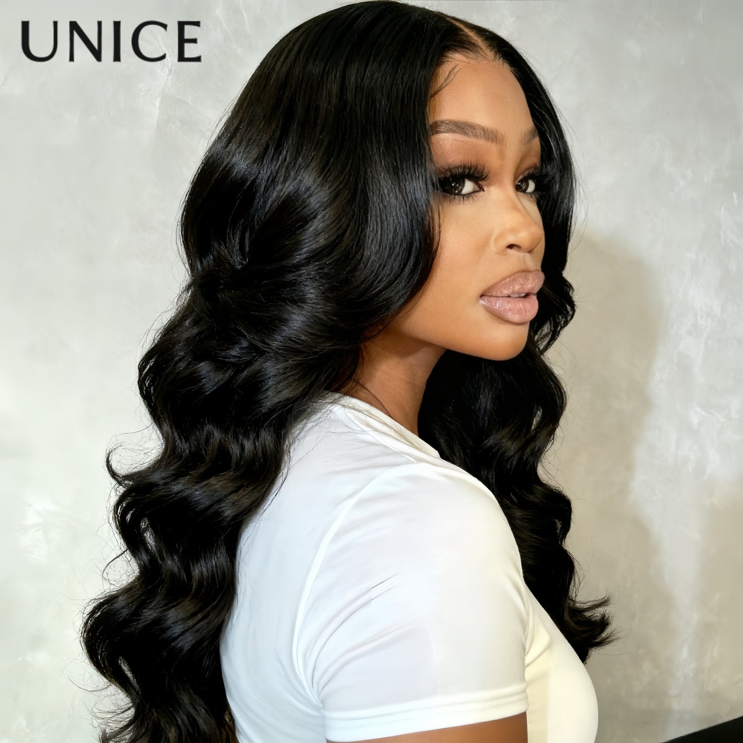Unice 13x4 HD Lace Front Human Hair Wig Glueless Pre-Plucked Natural Black 200% Density Body Wave (13x4 Lace) - Wig for & Men, Soft Full Hairpiece with Feathered Layers, No Glue Needed, Comfortable Wear