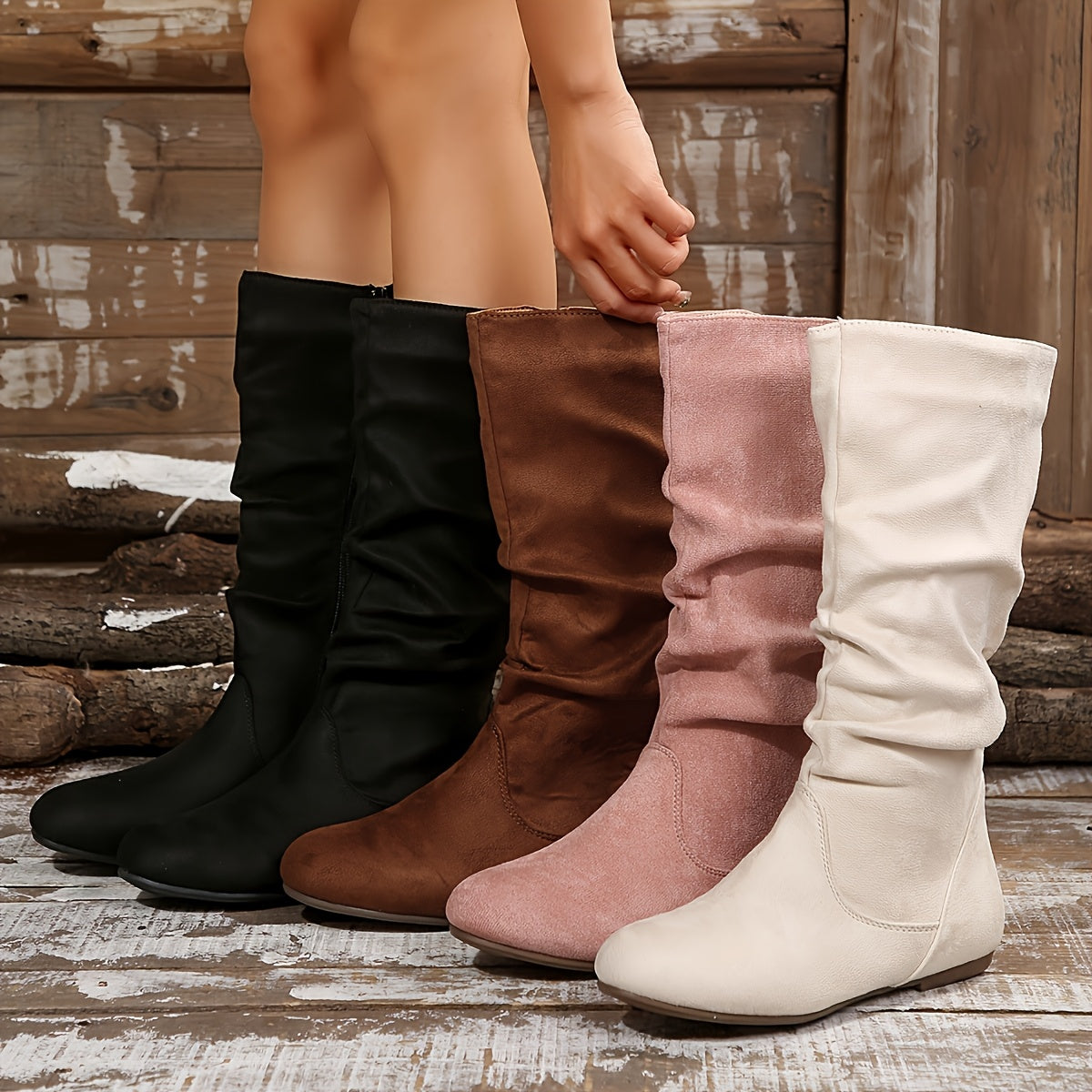 Women's solid color mid-calf ankle boots with pleated design on the boot shaft and zipper on the side. Fashionable Women's ankle boots, suitable for matching with skirts pants in autumn and winter.
