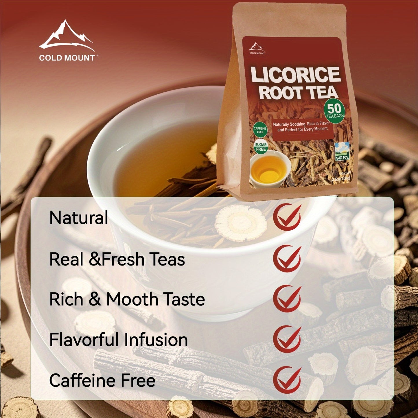 Licorice Root Tea, Sweet Flavor Herbal Tea Bags, Soothing & Tangy Flavor, Caffeine-free, Sugar Free, 50 Tea Bags, Ideal for Men & Women