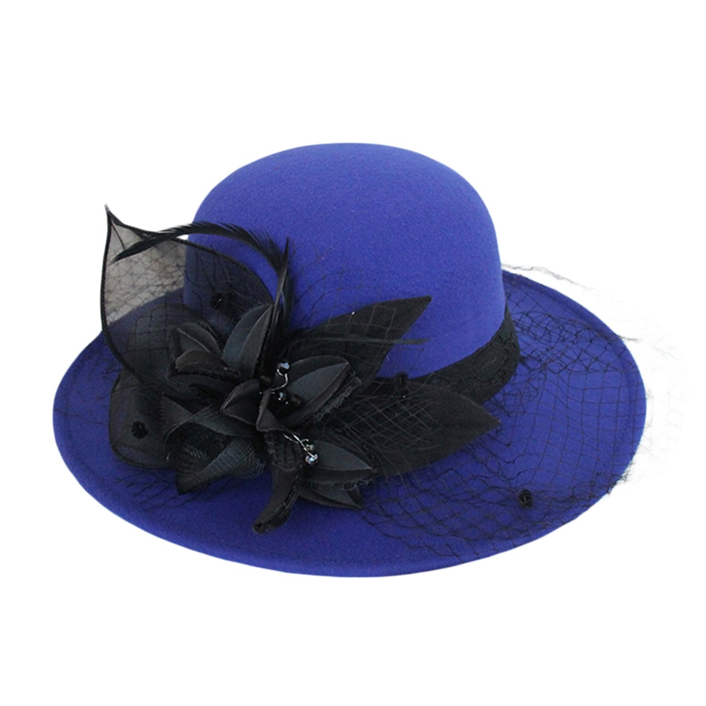 Women's Wide Brim Fedora Hat with Black Lace Veil & Floral Decor - Non- Derby Cap for Church, Bridal Tea Party, Formal Events
