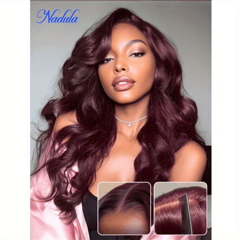 Nadula Lace Frontal Burgundy Plum Layer Cut Wavy Wig - Pre-Cut, Pre-Bleached, Pre-Plucked with Invisible Knots, Density, Loose Waves, Real Human Hair, Unisex Adult