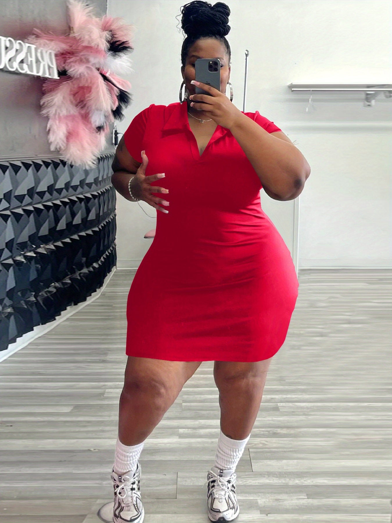 Plus Size Short Sleeve Dress for Women Summer V Neck Bodycon Mini DressCasual Fashion Curve Dress