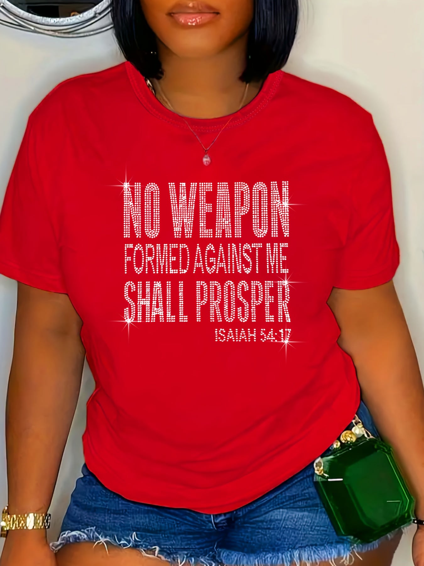 Women's Plus Size Inspirational Rhinestone T-Shirt - "No Weapon Formed Against Me Shall Prosper" (Isaiah 54:17) - Casual Crew Neck Short Sleeve Tee, Black with White Lettering, Glittery Design, Spring/Summer Fashion, Ladies T